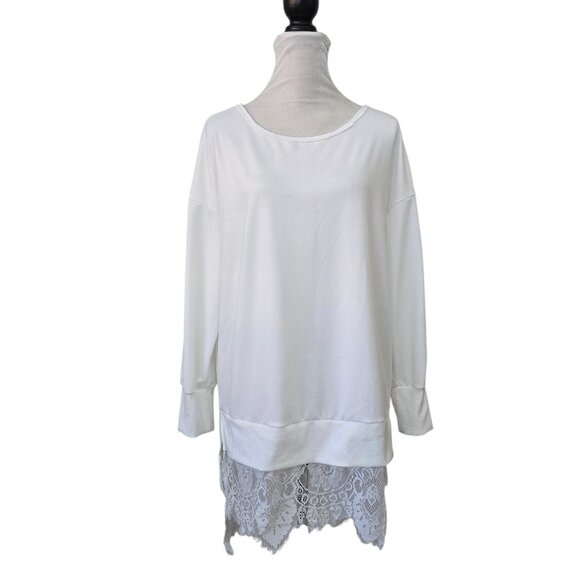 Tops - Women's White Long Sleeve Hi Lo Lace Trim Shirt Slits on Sides